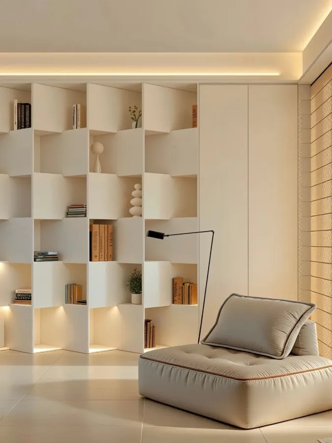 Bespoke sculptural shelving joinery with warm cove lighting   interior design Dubai UAE