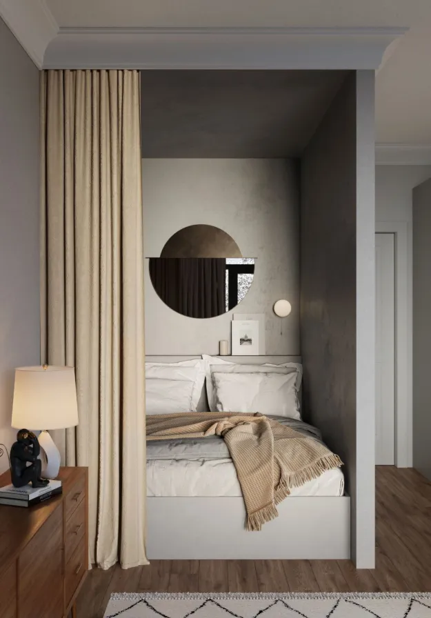 Compact bedroom nook interior design Budapest   curtain partition round mirror soft neutrals