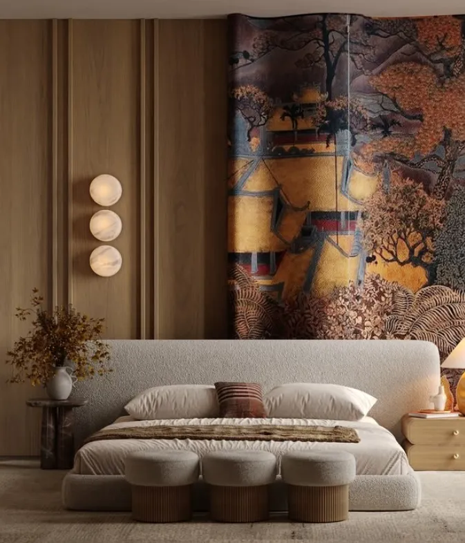 Cozy chic bedroom suite interior design Budapest   rounded oak frame headboard plaster art olive textiles