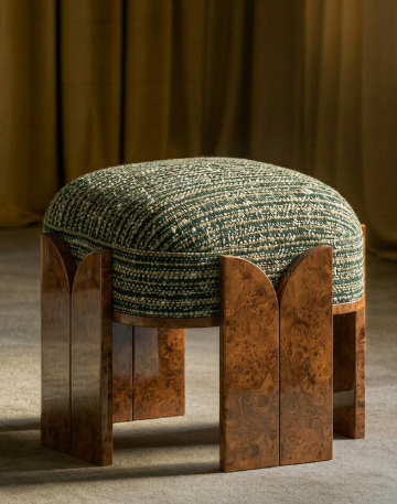 Sculptural pouf with burl wood legs and woven top   curated collectible furniture selection