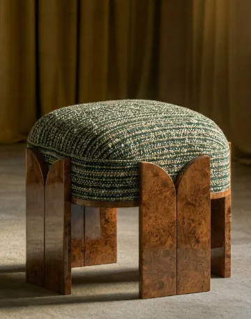 Sculptural pouf with burl wood legs and woven top   curated collectible furniture selection