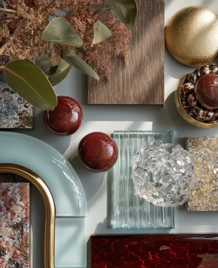 Curated moodboard of stone glass brass and textile samples   material selection interior design studio