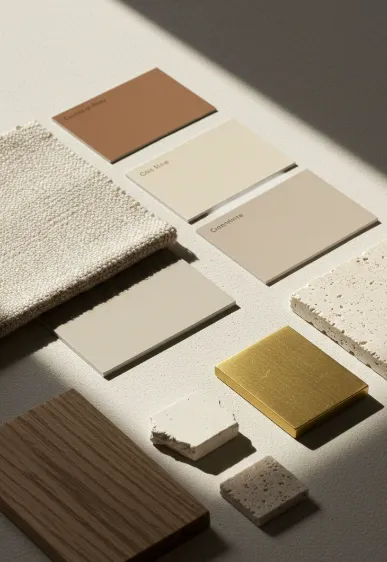 Clay and cream swatches travertine brass and oak samples   studio material moodboard