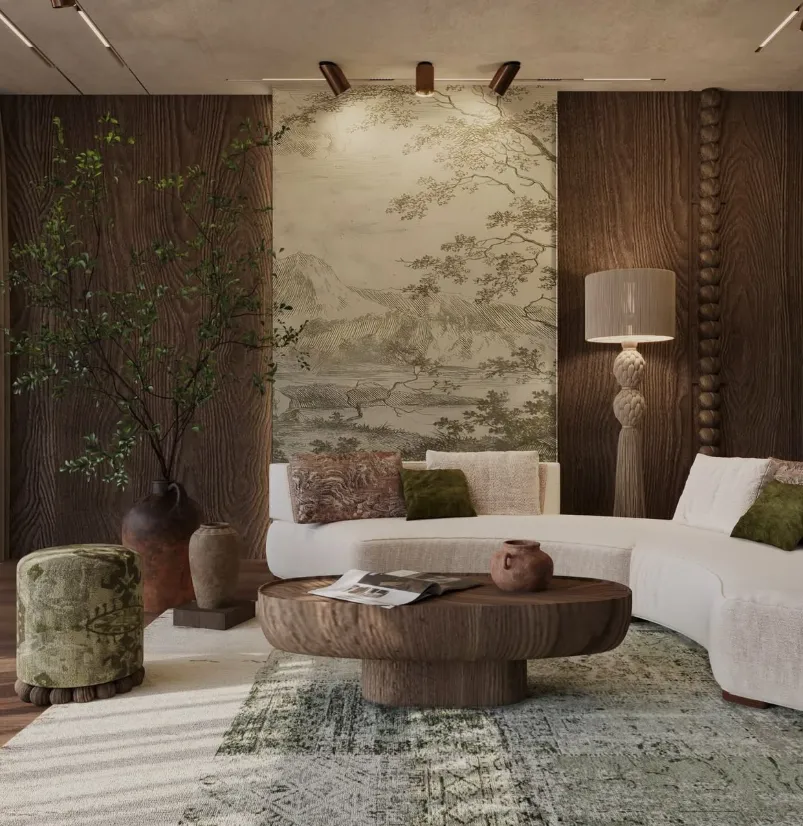 Modern majlis with curved cream seating walnut walls and landscape mural   luxury villa interior Jeddah