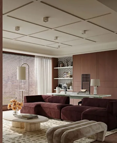 Luxury penthouse interior design Dubai   plum velvet sofa coffered ceiling warm panelled walls