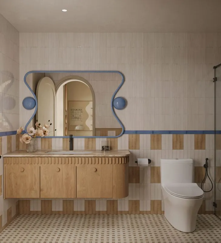 3D visualization spa bathroom Doha Qatar   cream and dusty blue tiles oak vanity playful mirror